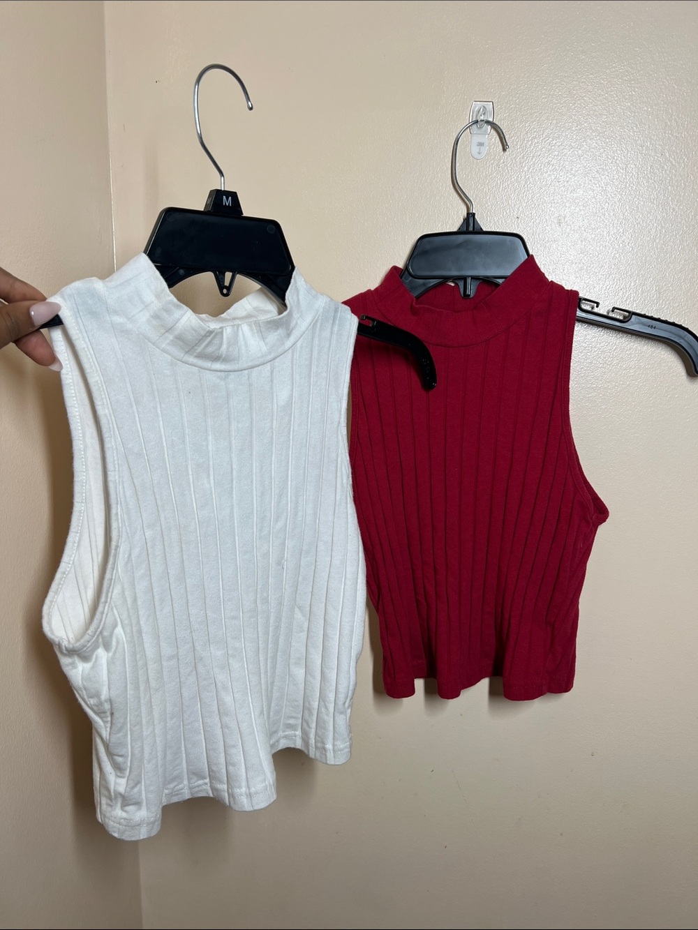 SHEIN Ribbed Sleeveless Mock Neck Crop Tops in White and Red